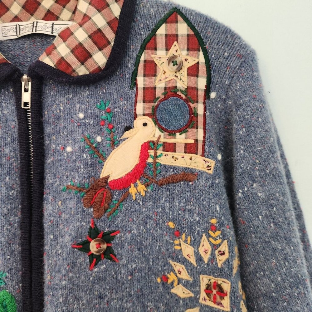 OHI Folk Christmas Sweater Full Zip Country Birds Patriotic US Flag Large EUC - Picture 5 of 16